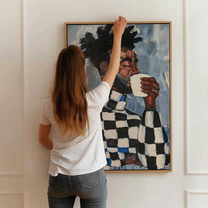 Modern Portrait of Man with Coffee Cup Abstract Wall Art Canvas Print Contemporary Artwork for Living Room Dining Room Office