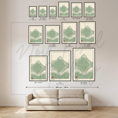 Japanese Woodblock Print - Mountain Wall Art | Sage Green Poster for Zen Home Decor