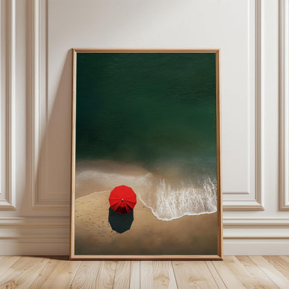 Minimalist Beach Print - Red Umbrella Coastal Wall Art | Modern Coastal Design