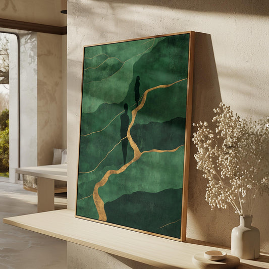 Green Figurative Abstract Canvas with Golden Lines