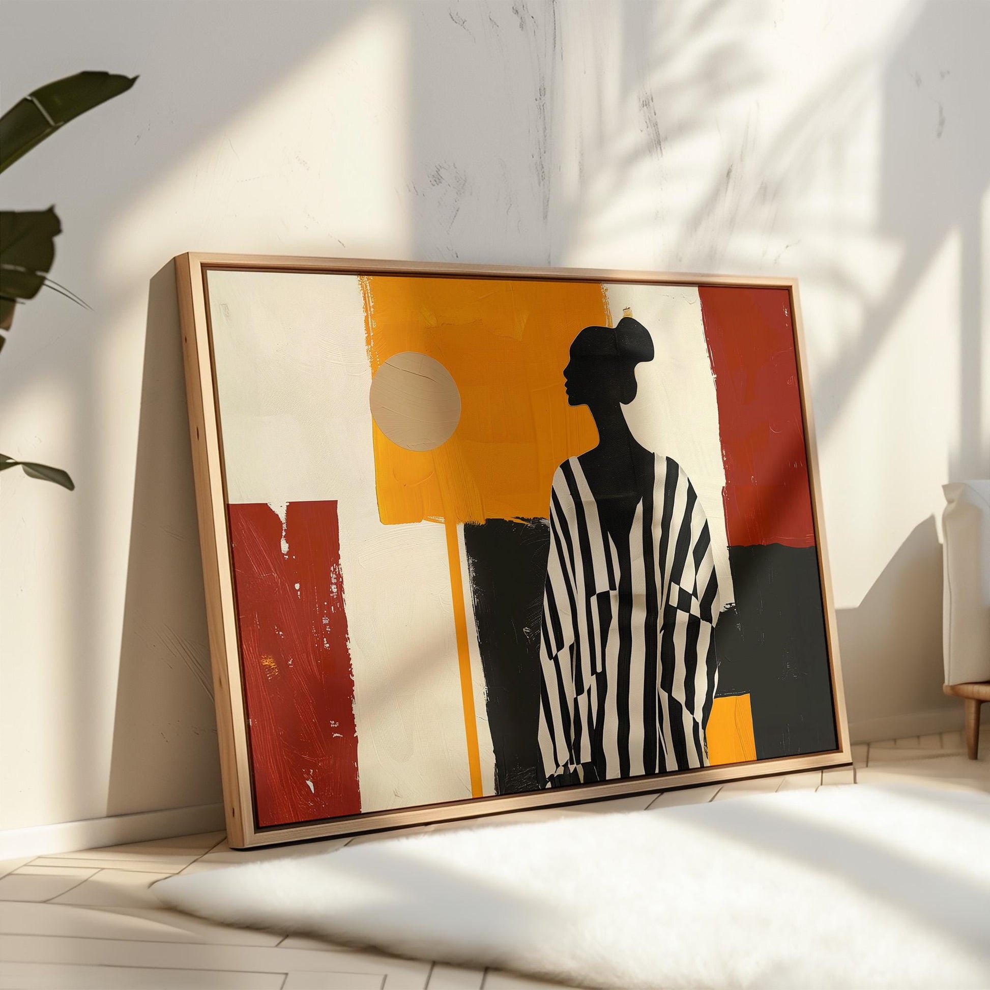 Framed Painting Modern Canvas Wall Art Black and White Striped Woman with Red and Yellow Geometric Background Large Wall Decor