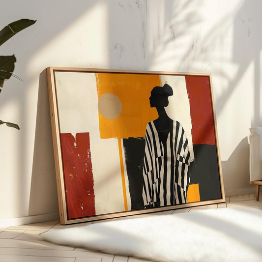 Framed Painting Modern Canvas Wall Art Black and White Striped Woman with Red and Yellow Geometric Background Large Wall Decor