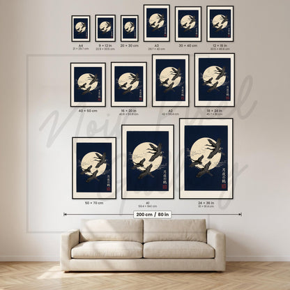 Japanese Crane Art Print – Linocut Style Moon & Crane Artwork on Navy Gold Wall Decor
