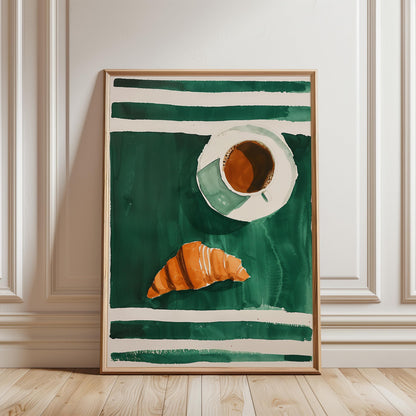 Coffee and Croissant Poster - Cozy Kitchen Wall Art With Emerald Green Stripes