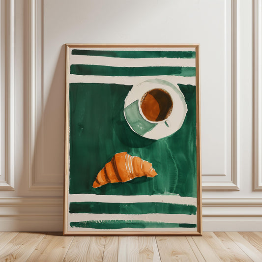 Coffee and Croissant Poster - Cozy Kitchen Wall Art With Emerald Green Stripes