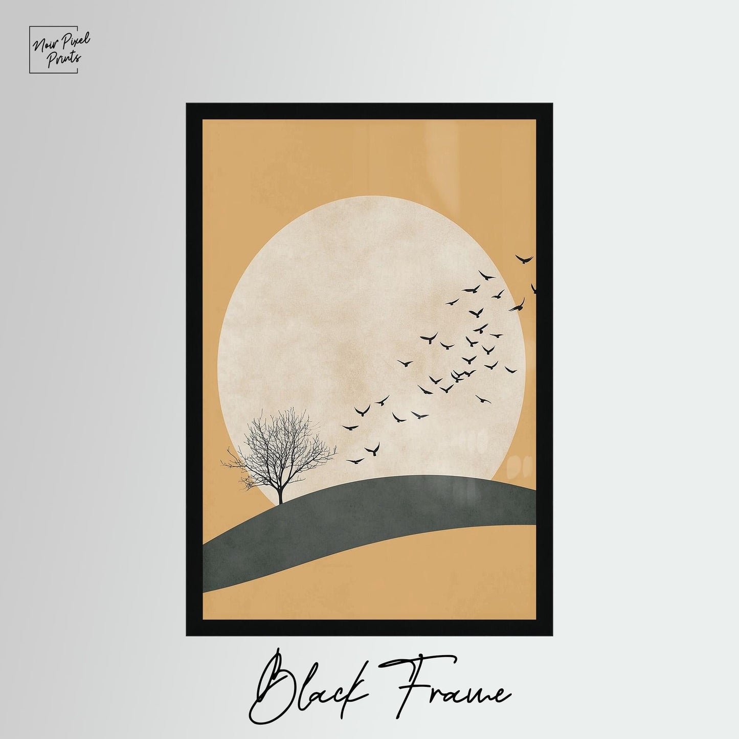 Japandi Wall Art | Yellow Sun Artwork With Flying Birds Canvas - Minimalist Decor