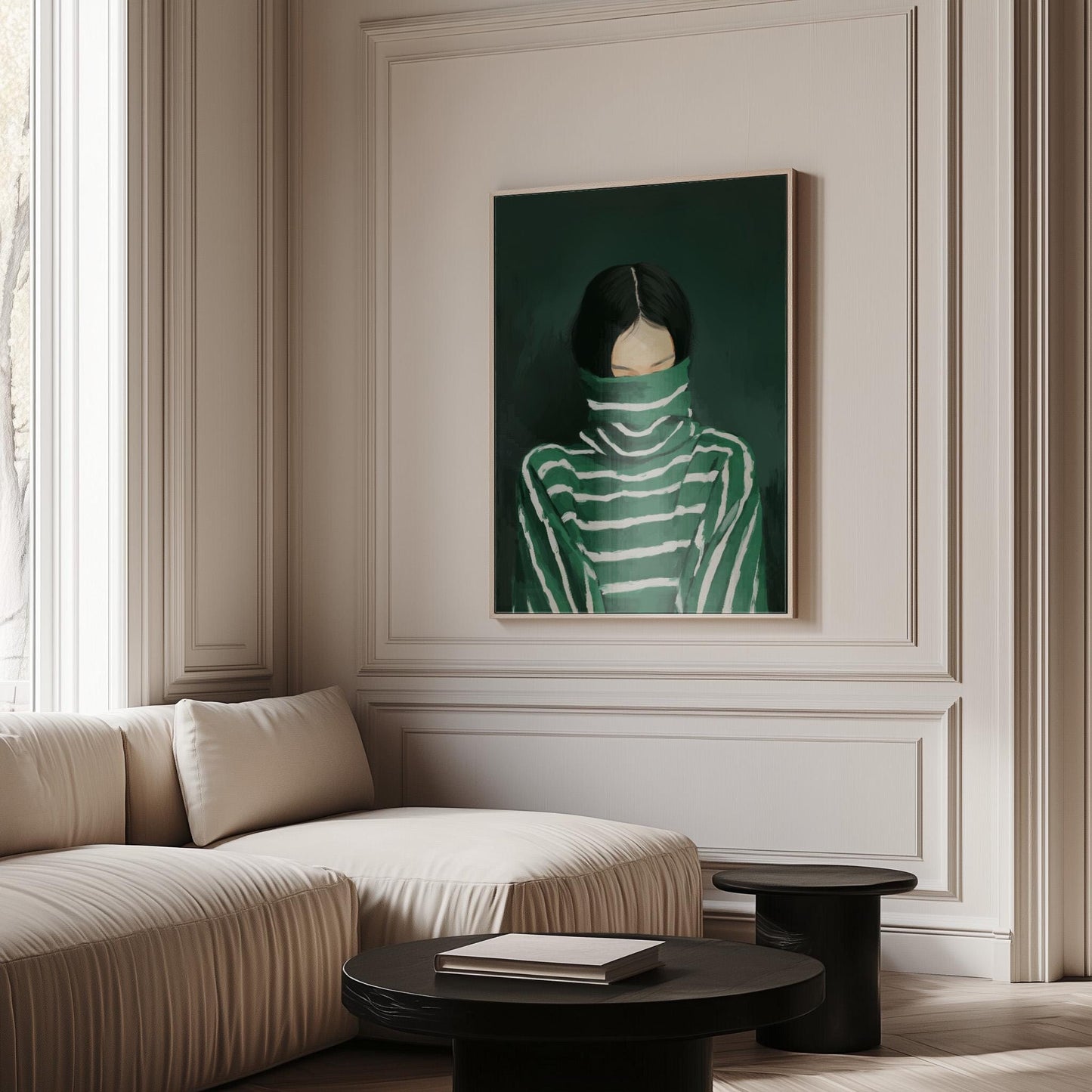 Woman Turtleneck Canvas | Modern Green Portrait on Cotton Canvas Print - Floating Wood Frame
