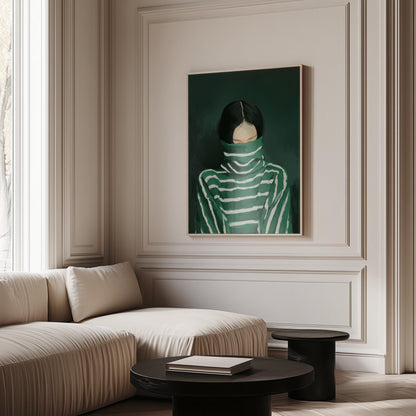 Woman Turtleneck Canvas | Modern Green Portrait on Cotton Canvas Print - Floating Wood Frame