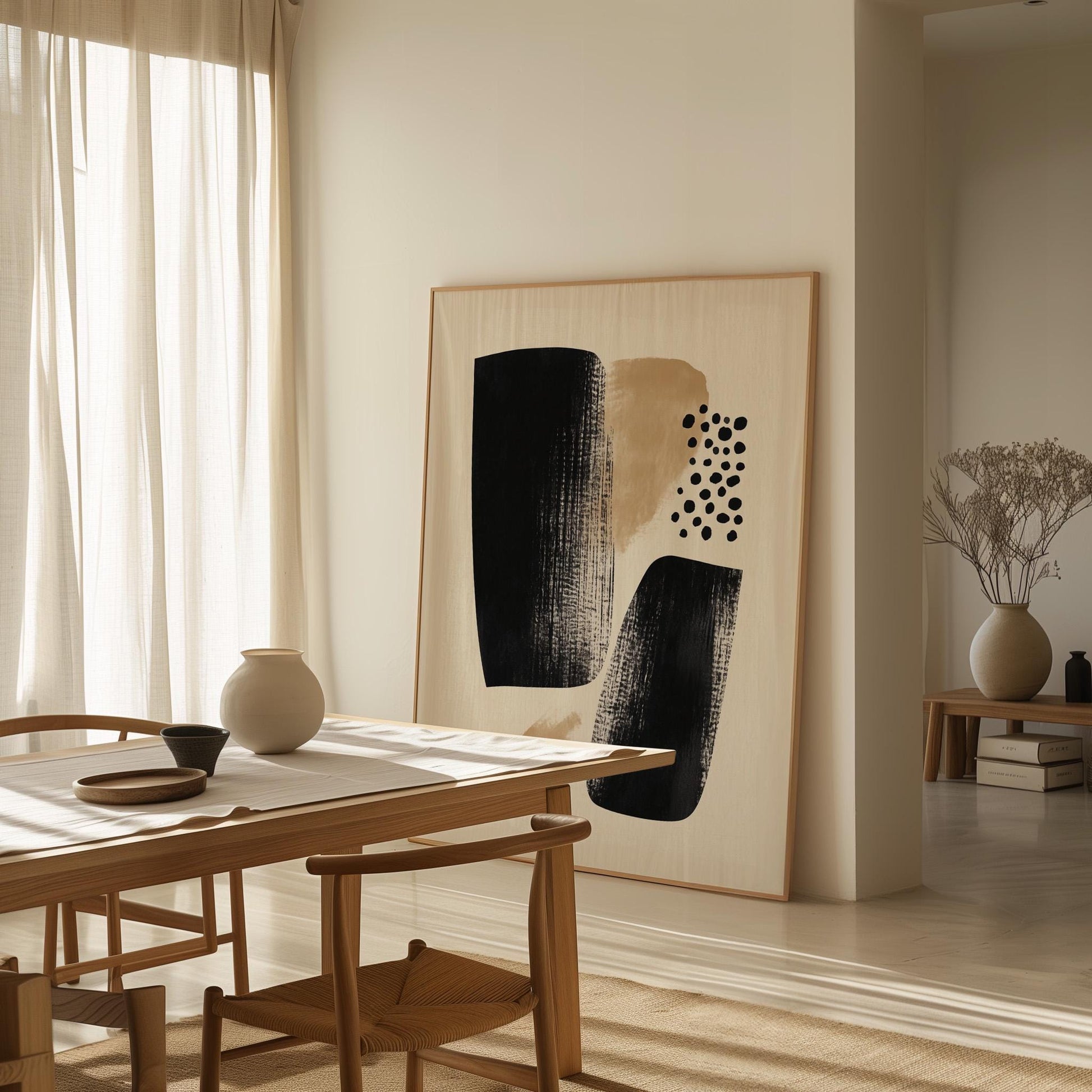 Black and Beige Abstract Canvas Art Minimalist Wall Decor with Organic Shapes, Modern Textured Painting for Living Room or Office