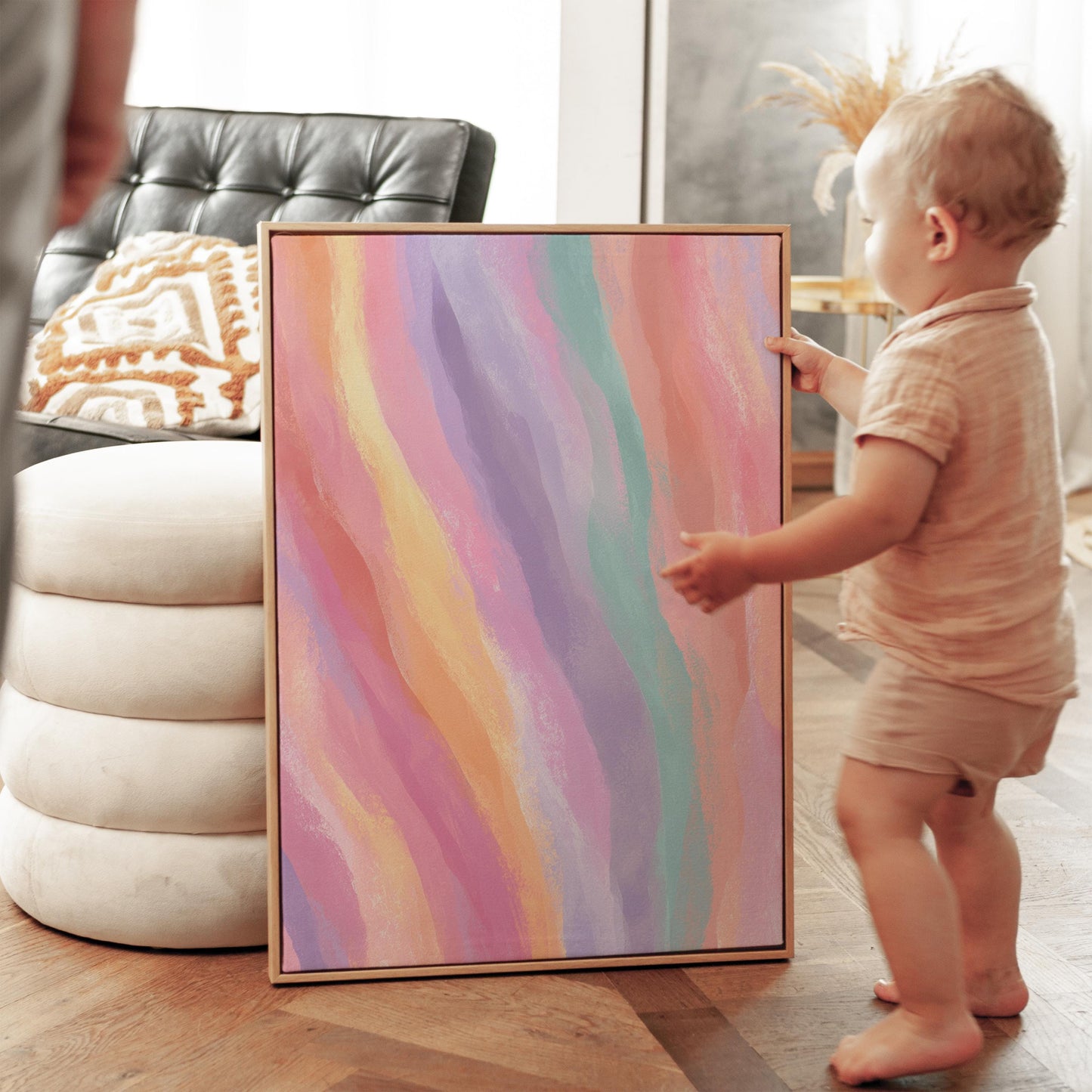 Colorful Abstract Pastel Canvas Wall Art with Floating Frame Modern Painting for Living Room or Bedroom Decor