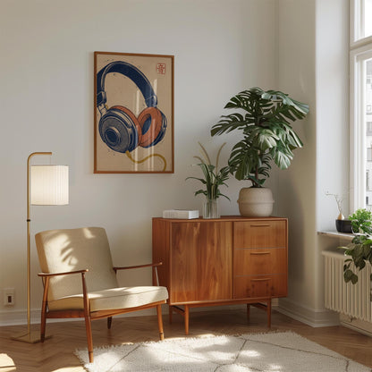 Vintage Headphones Art Print - Retro Music Poster | Navy Orange Artwork
