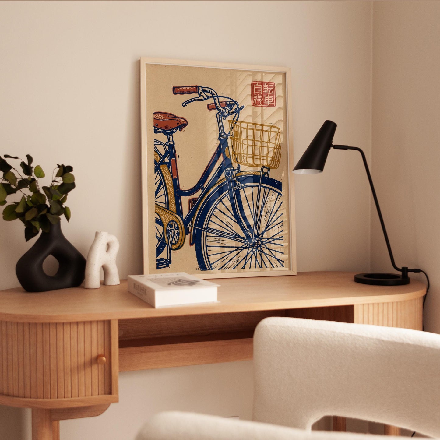 Retro Bicycle Print – Vintage Bike Art on Kraft Paper | Japanese Woodblock Style