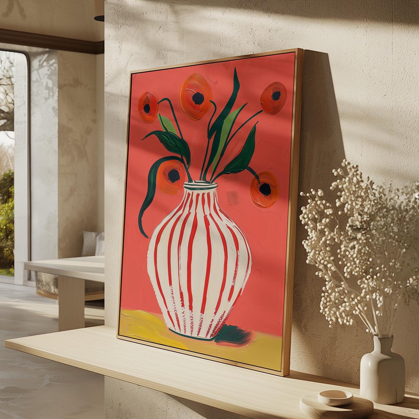 Floral Canvas Wall Art Red Poppies in Striped White Vase on Pink Background Modern Framed Painting
