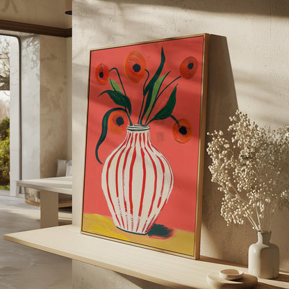 Floral Canvas Wall Art Red Poppies in Striped White Vase on Pink Background Modern Framed Painting