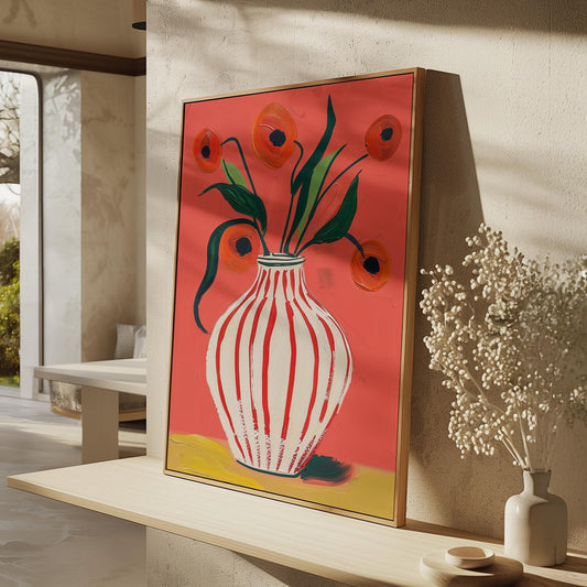 Floral Canvas Wall Art Red Poppies in Striped White Vase on Pink Background Modern Framed Painting