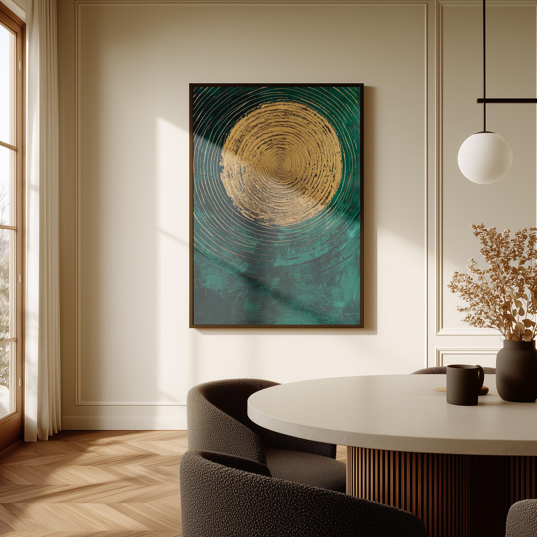 Emerald Green and Gold Sun Giclée Canvas Print, Modern Textured Abstract Wall Art for Dining Room or Living Space