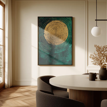 Emerald Green and Gold Sun Giclée Canvas Print, Modern Textured Abstract Wall Art for Dining Room or Living Space