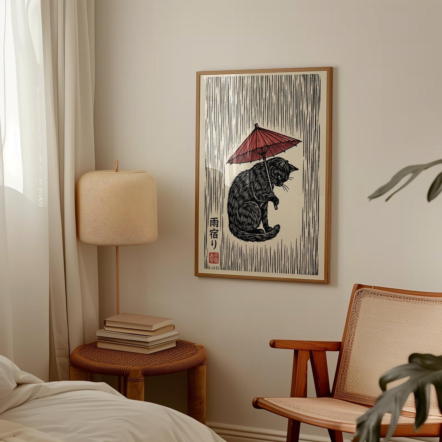 Black Cat Woodblock Print – Japanese Umbrella Art on Fine Art Paper
