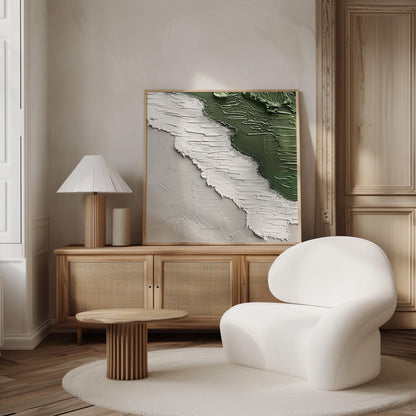 Square Green and Beige Canvas Wall Art Textured Abstract Minimalist Floating Frame Extra Large Wall Art for Living Room