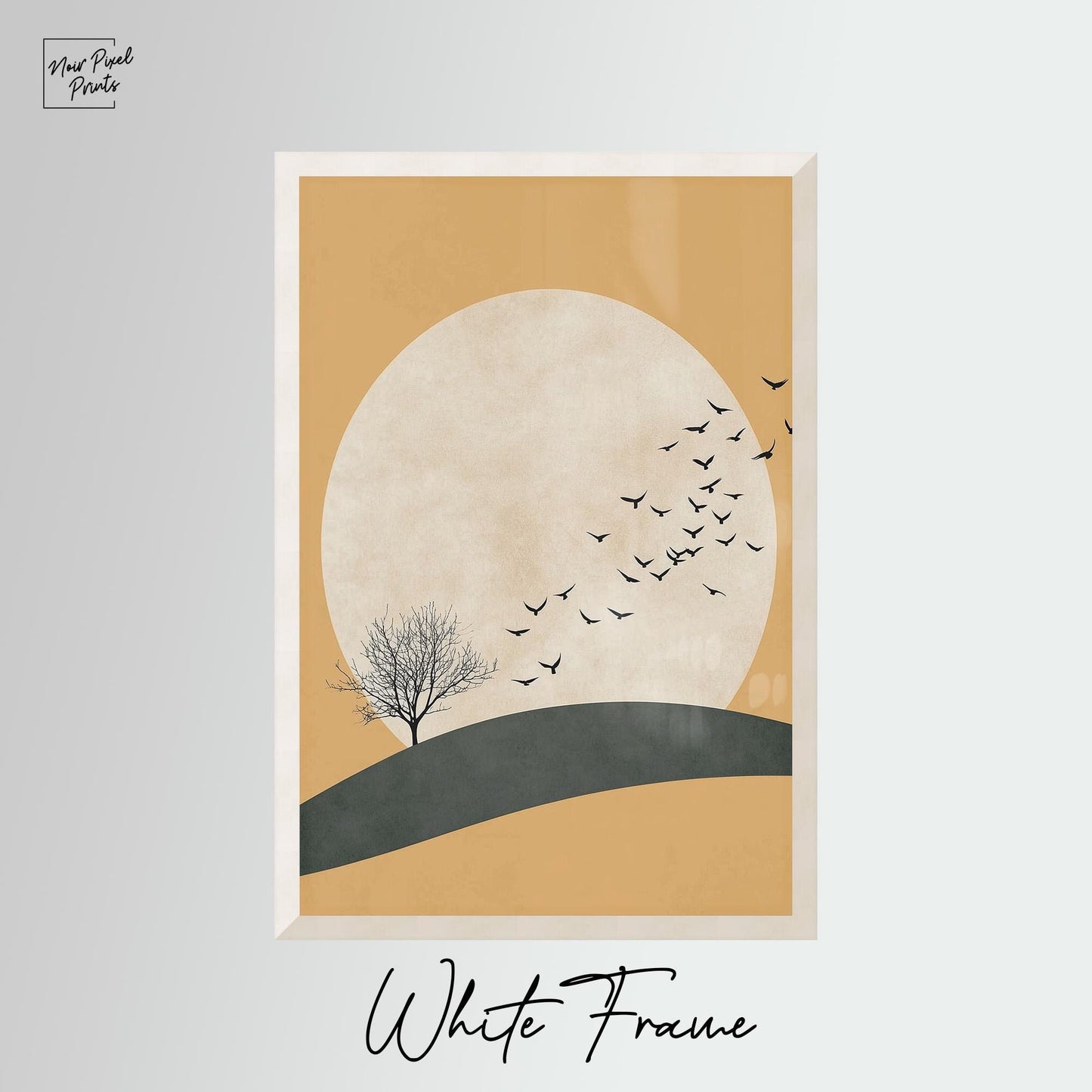 Japandi Wall Art | Yellow Sun Artwork With Flying Birds Canvas - Minimalist Decor