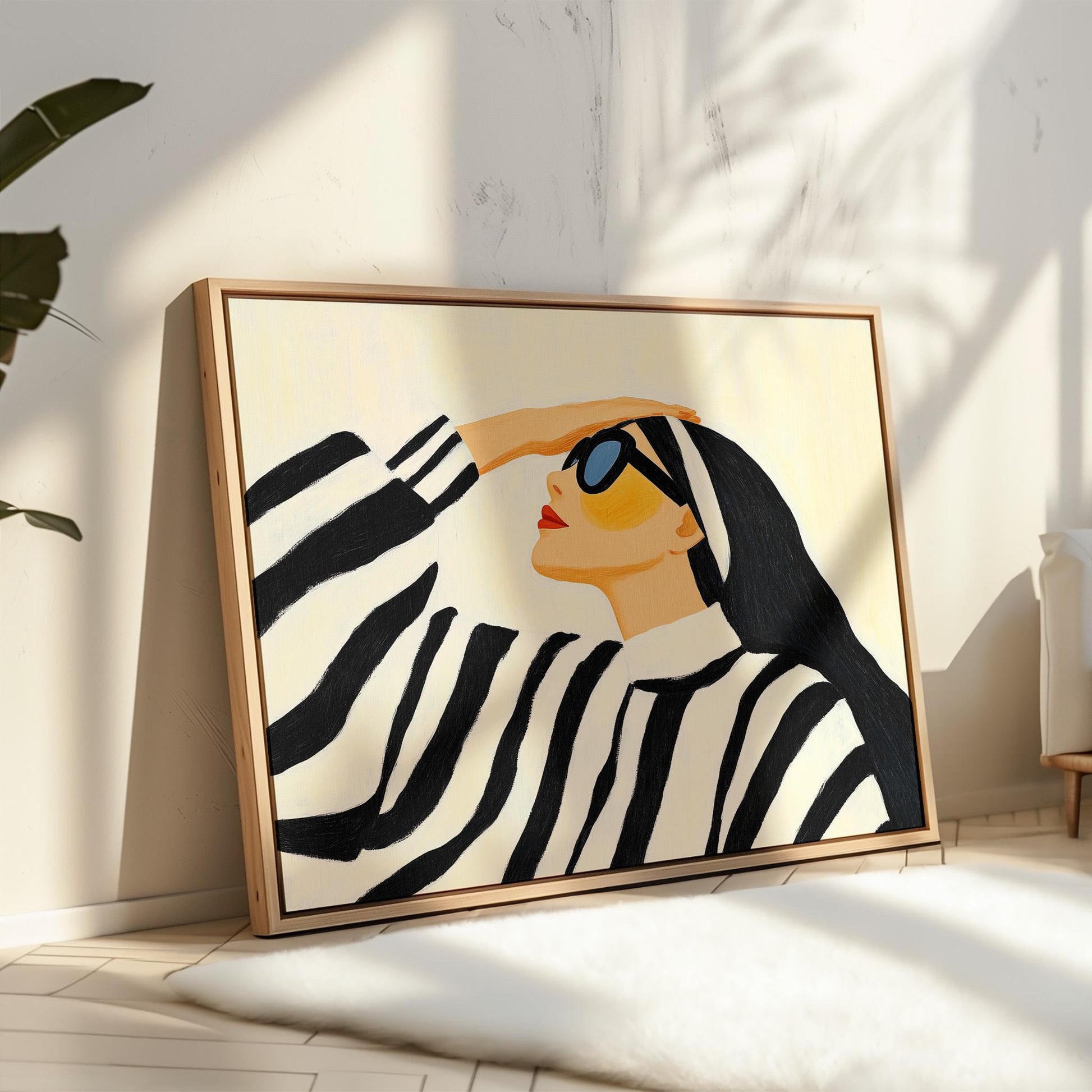 Stylish Woman in Striped Sweater Giclée Canvas Print Modern Fashion Wall Art for Living Room or Bedroom