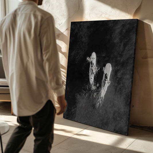 Surfer Wall Art Black and White Canvas Print, Ocean Surfing Minimalist Large Wall Decor for Living Room or Bedroom