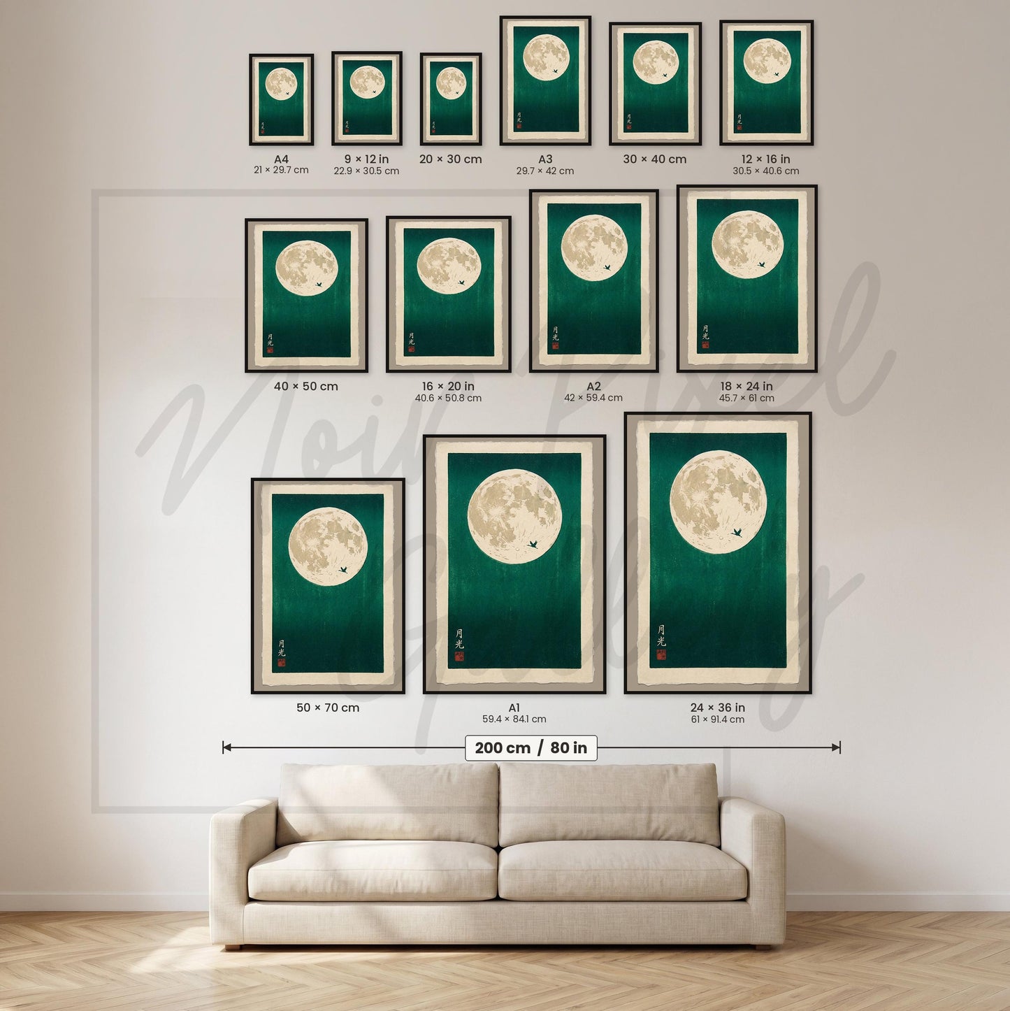 Japanese Moon Art Print – Teal Wall Art with Minimalist Bird Silhouette