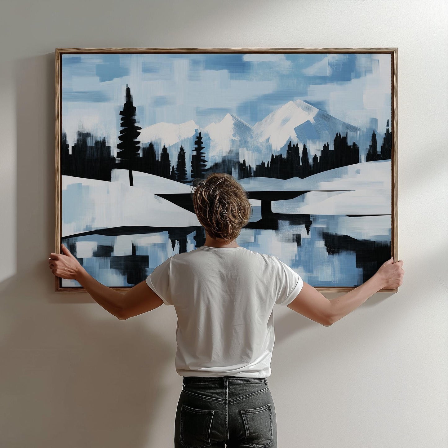 Blue Mountain Landscape Giclée Canvas Print Minimal Winter Wall Art for Living Room or Office