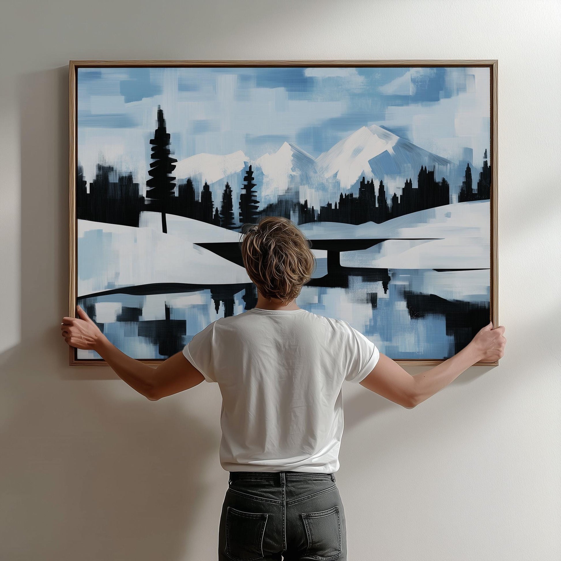 Blue Mountain Landscape Giclée Canvas Print Minimal Winter Wall Art for Living Room or Office