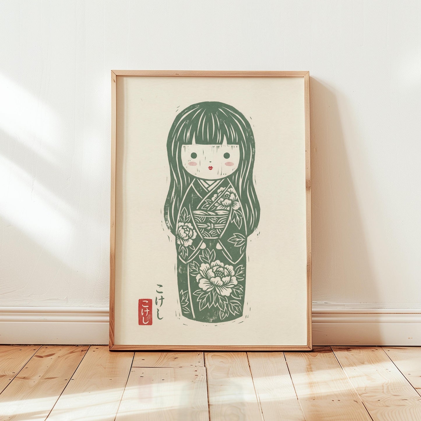 Japanese Kokeshi Doll Print – Floral Kimono Art | Sage Green Nursery Wall Art