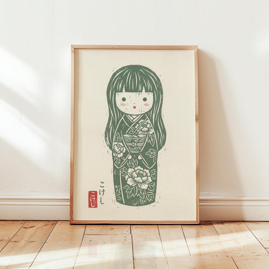 Japanese Kokeshi Doll Print – Floral Kimono Art | Sage Green Nursery Wall Art