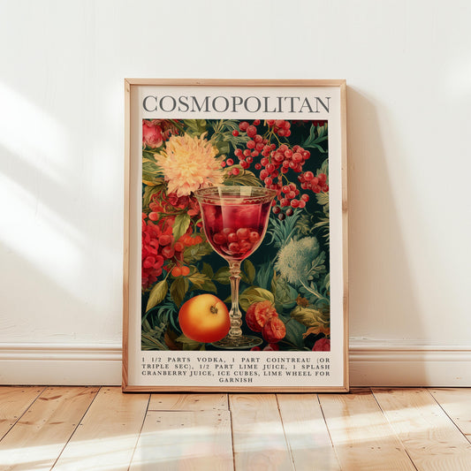 Cosmopolitan Cocktail Print – Vintage Cocktail Art | Botanical Bar Print, Kitchen Wall Decor