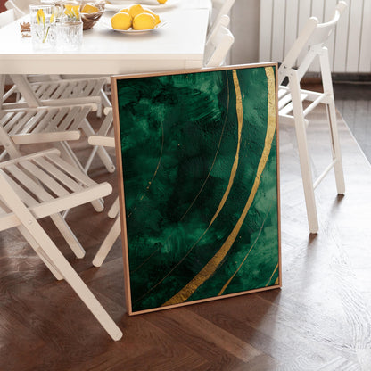 Emerald Green and Gold Wave Canvas Print, Abstract Giclée Textured Wall Art for Living Room or Luxury Interior