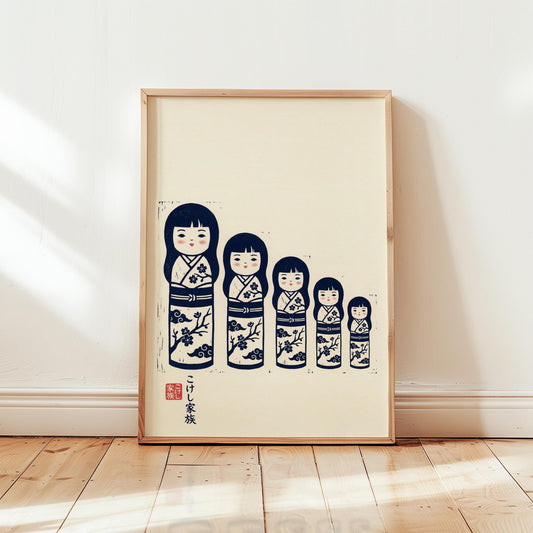 Kokeshi Dolls Print – Vintage Japanese Art Nursery Wall Decor in Navy Blue