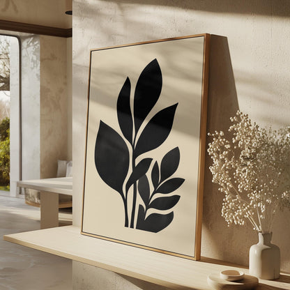 Minimal Botanical Canvas Art Black Leaf Silhouette Print for Bedroom or Office, Modern Nature Wall Decor