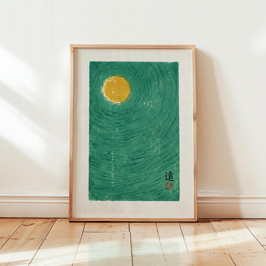 Teal Moon Art Print – Minimalist Japanese Poster with Birds and Zen Decor