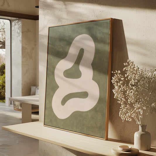 Minimalist Beige and Green Abstract Canvas Wall Art with Floating Frame Modern Japandi Style Print for Living Room