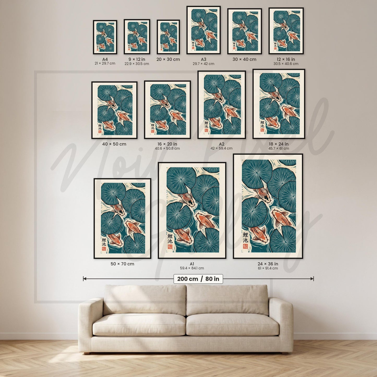 Japanese Koi Fish Print – Teal Coral Decor Linocut Poster Art for Zen Meditation