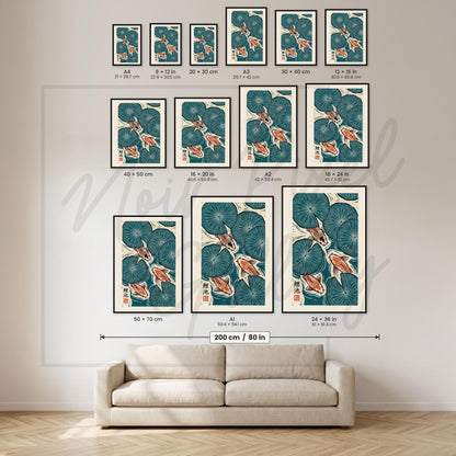 Japanese Koi Fish Print – Teal Coral Decor Linocut Poster Art for Zen Meditation