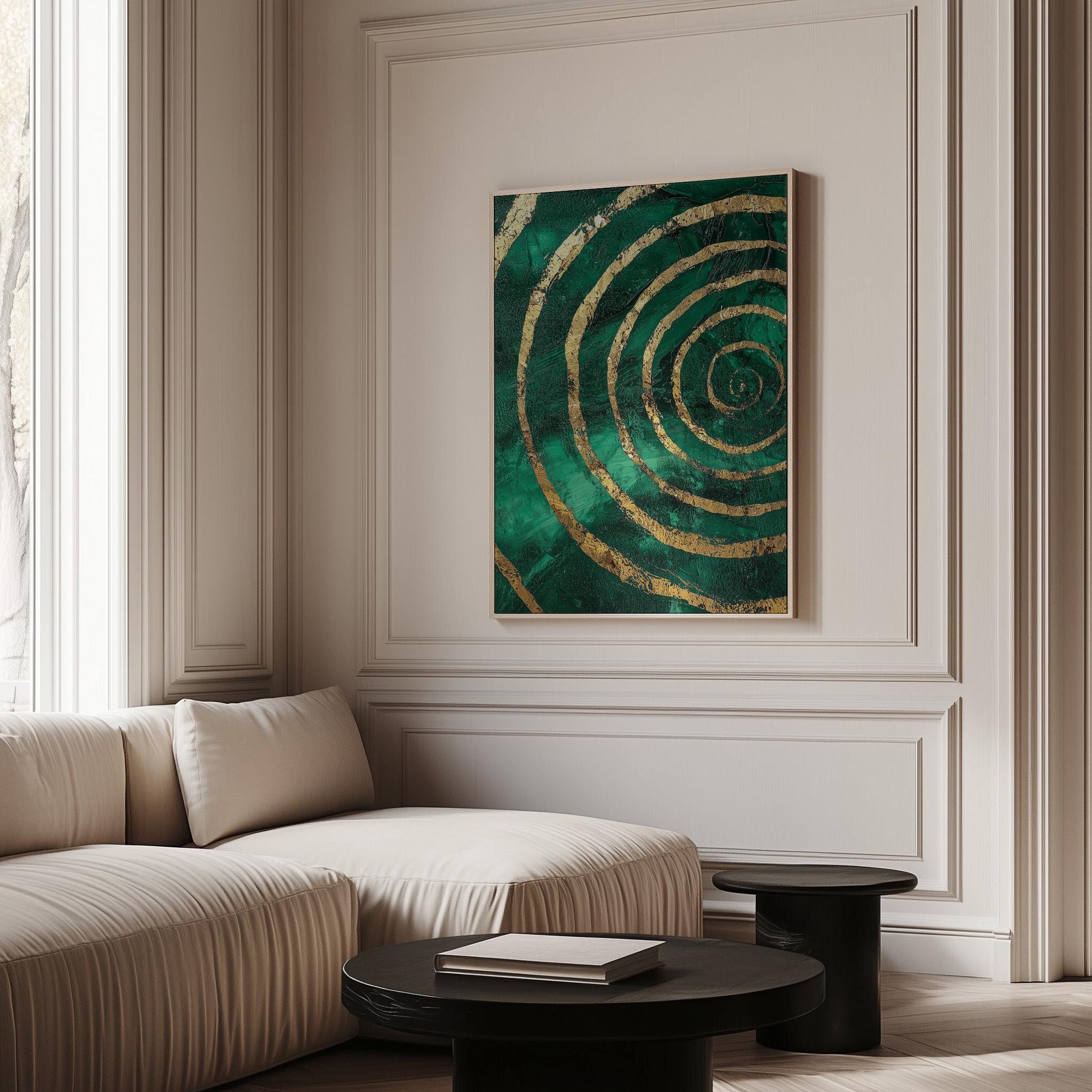 Emerald Green Spiral Giclée Canvas Print with Gold Accents, Modern Textured Abstract Wall Art for Living Room or Office