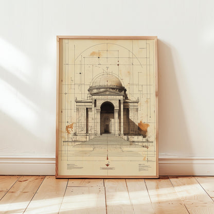 Neoclassical Dome Art – Architectural Print on Fine Art Paper, Sepia Design