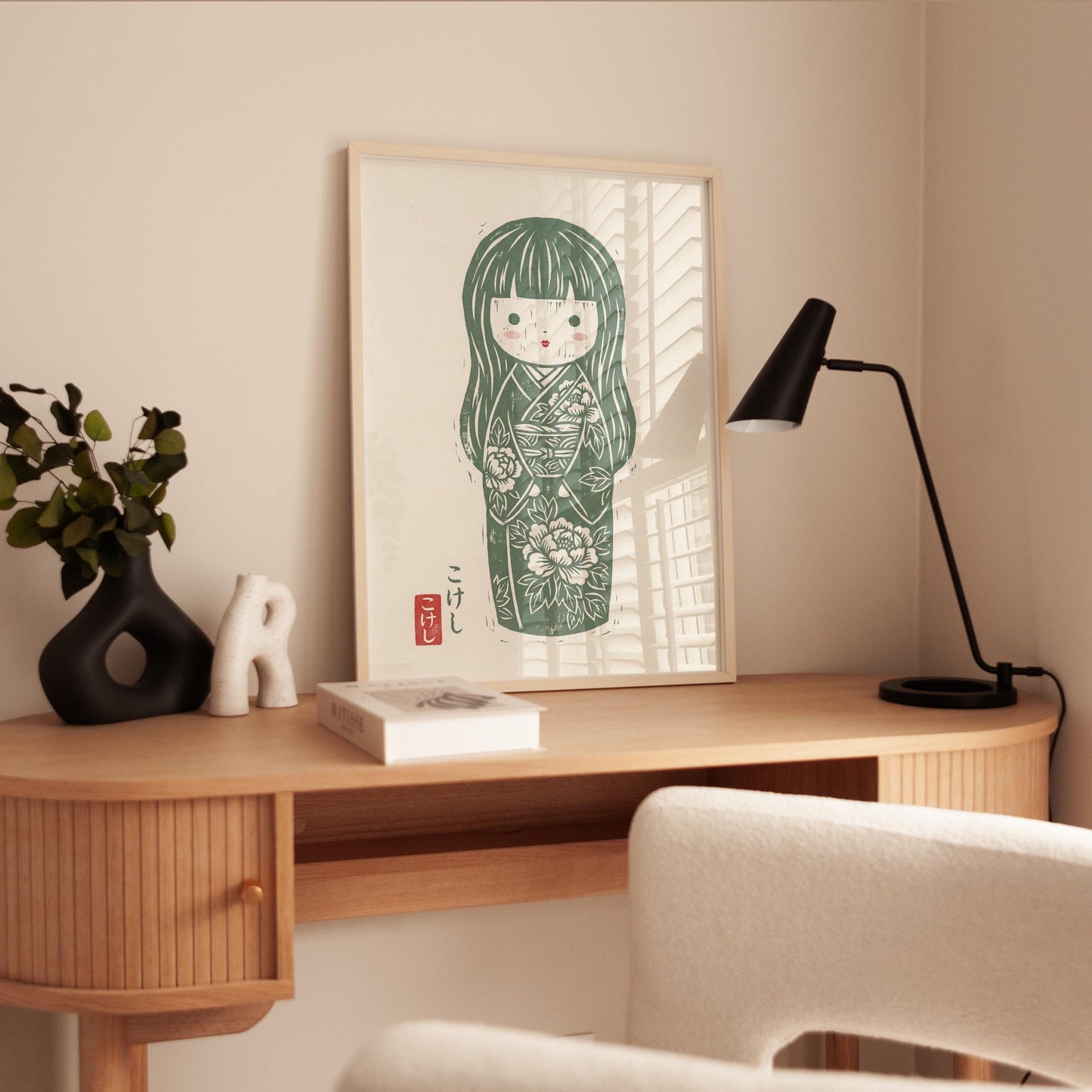 Japanese Kokeshi Doll Print – Floral Kimono Art | Sage Green Nursery Wall Art