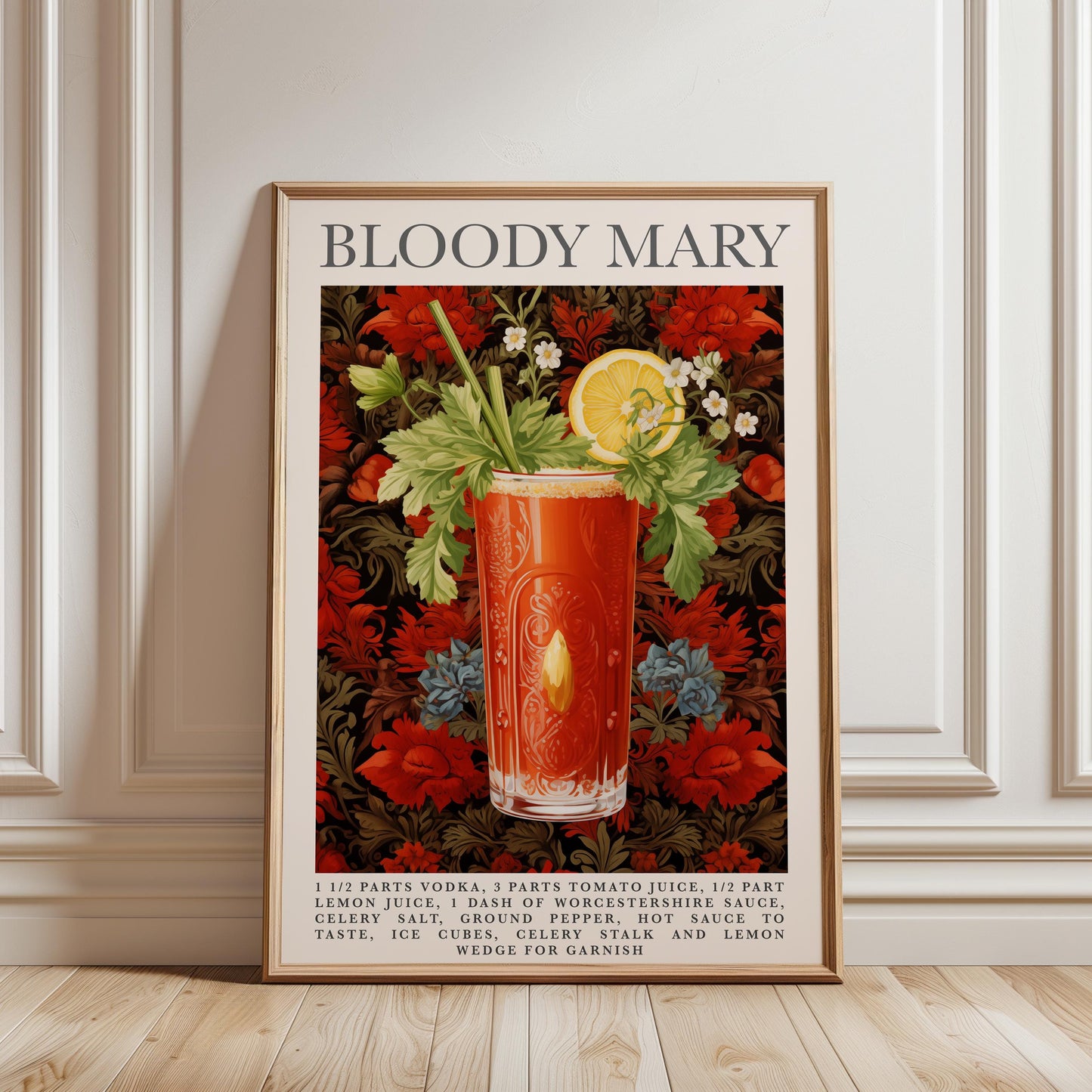 Bloody Mary Cocktail Print – Vintage Recipe Poster | Floral Bar Art A1-A4