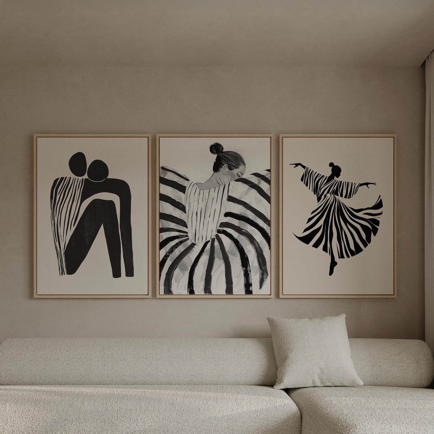 Black and White Women Canvas Floating Frame Set: Modern Abstract Figurative Art