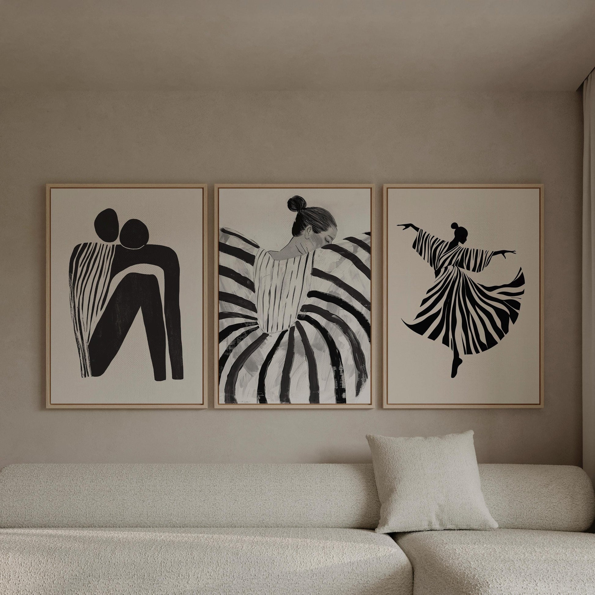 Black and White Women Canvas Floating Frame Set: Modern Abstract Figurative Art