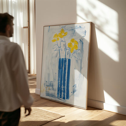 Floral Canvas Wall Art Yellow Flowers in Blue Vase on White and Blue Background Modern Framed Print
