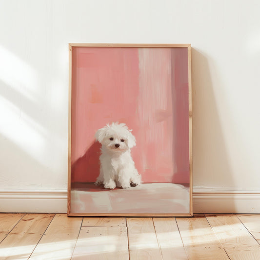 Maltese Puppy Art Print – Pink Blush Nursery Wall Decor | Minimalist Pet Art