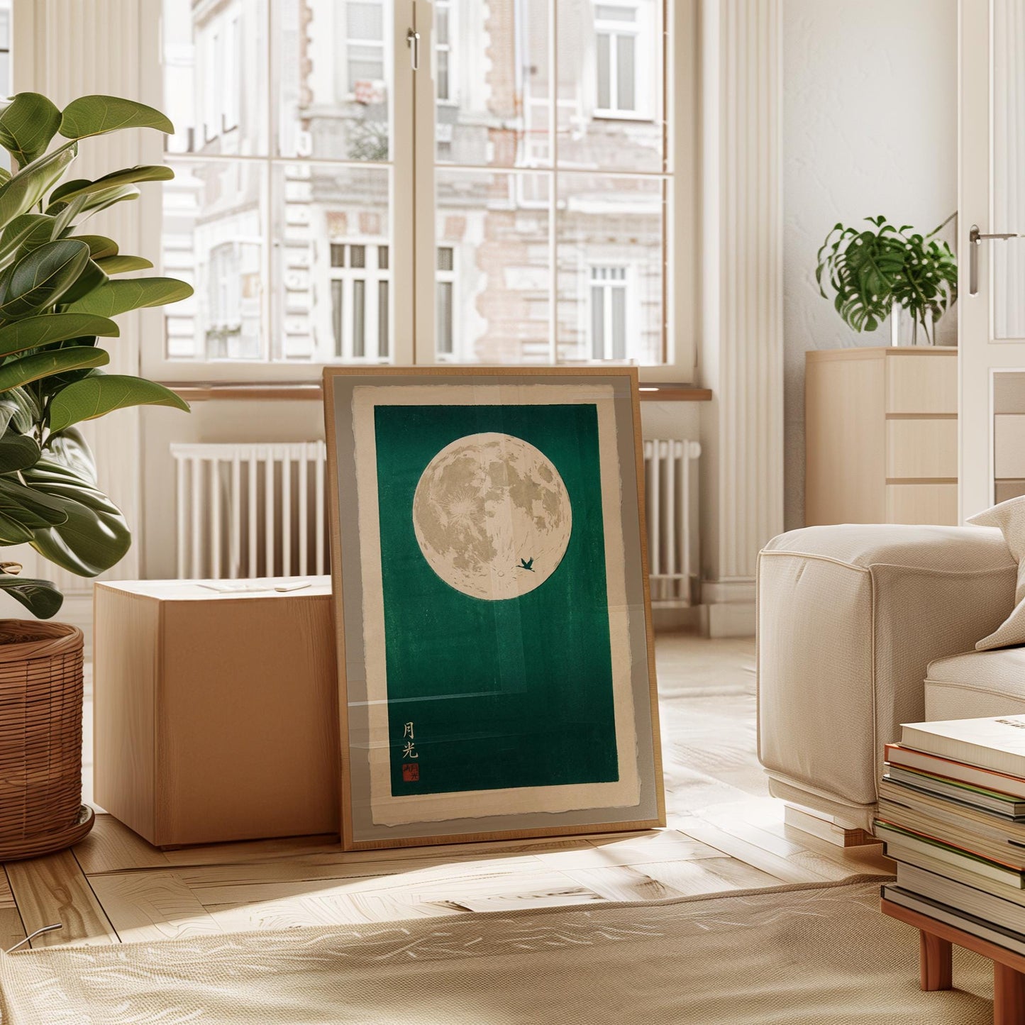 Japanese Moon Art Print – Teal Wall Art with Minimalist Bird Silhouette