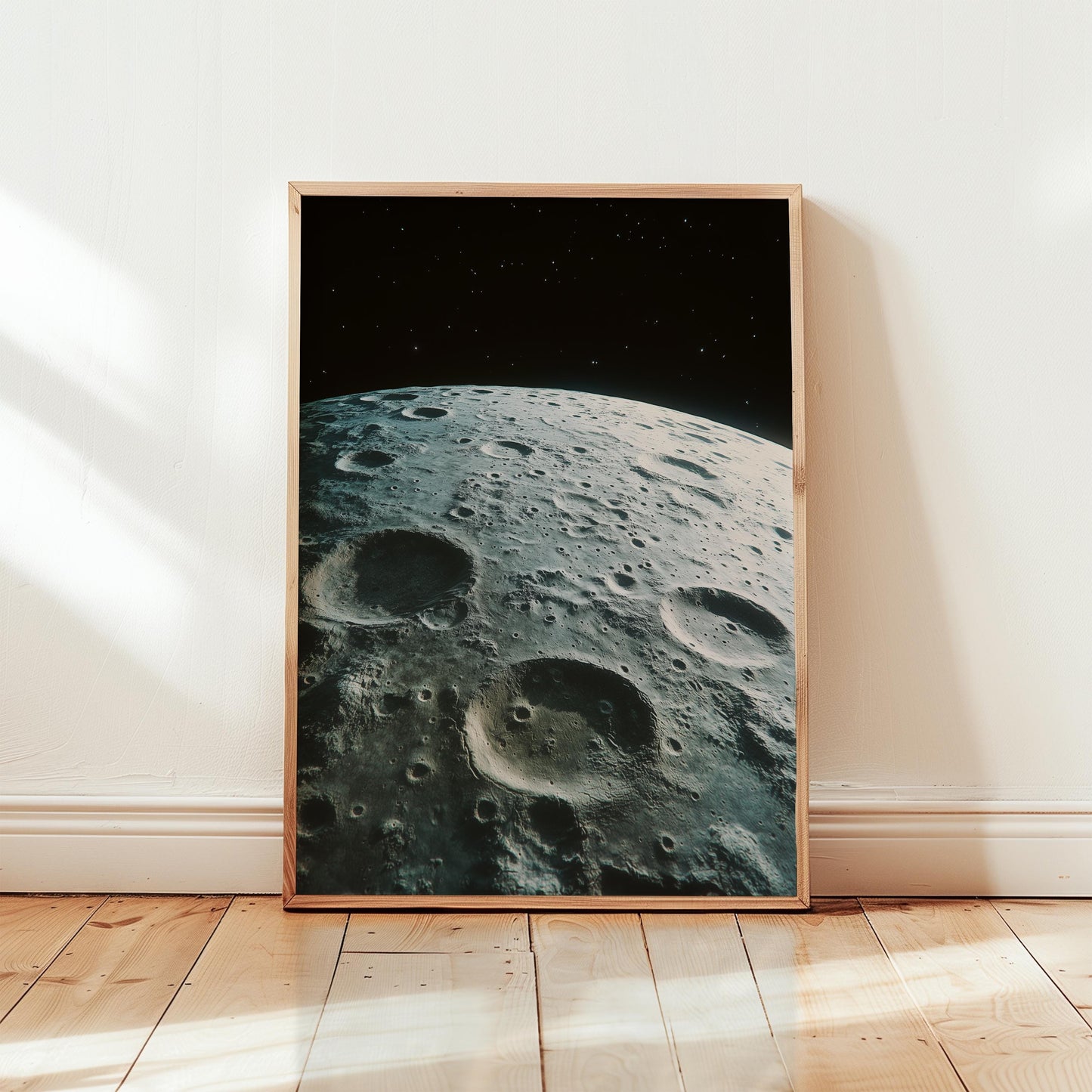 Moon Wall Art Print – Black and White Lunar Photo with Vintage NASA Art