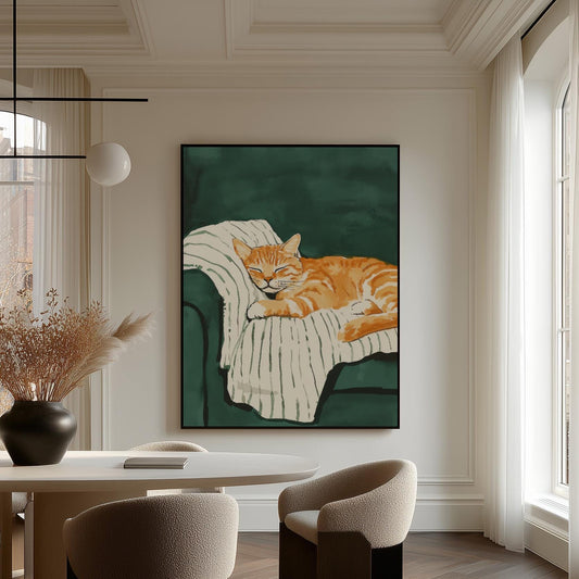 Orange Cat Canvas Wall Art Cozy Animal Print Sleeping Kitten Painting Large Modern Wall Decor for Bedroom or Living Room